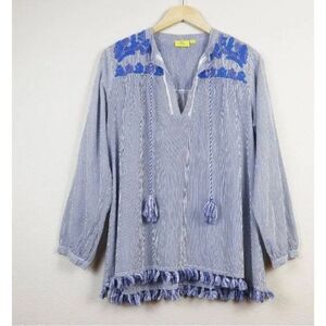 Roller rabbit Navy Pinstriped boho peasant blouse top Hand embroidered 100% Cott